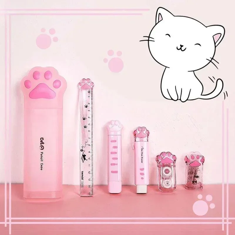 Cat Paw Shape Cute Pencil Case Student Large Capacity Pencil Box 6pcs Set Kawaii Stationery School Supplies for Student