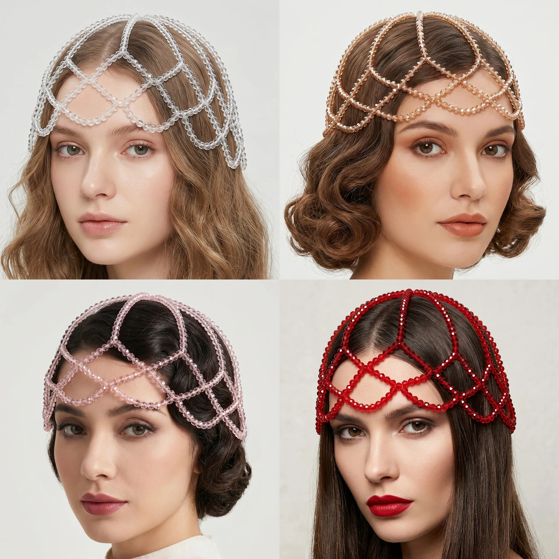 

Headpiece Bridal Crystal Mesh Vintage Juliette Cap Handmade Beaded Hair Chain Multi Color One Size