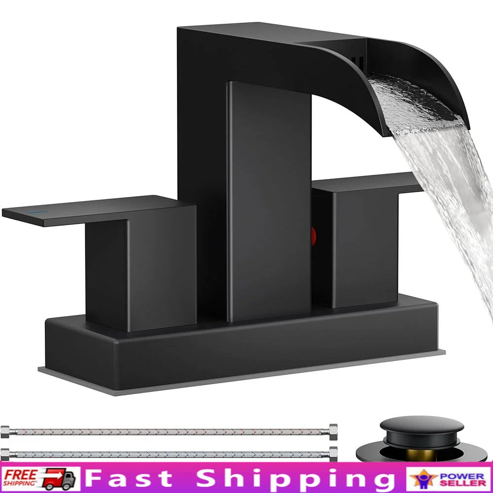 

Square Bathroom Faucet 2 or 3 Hole Waterfall Sink Faucet with Metal Pop-Up Drain Easy Installation Lead-Free Drip-Free 4 Inch