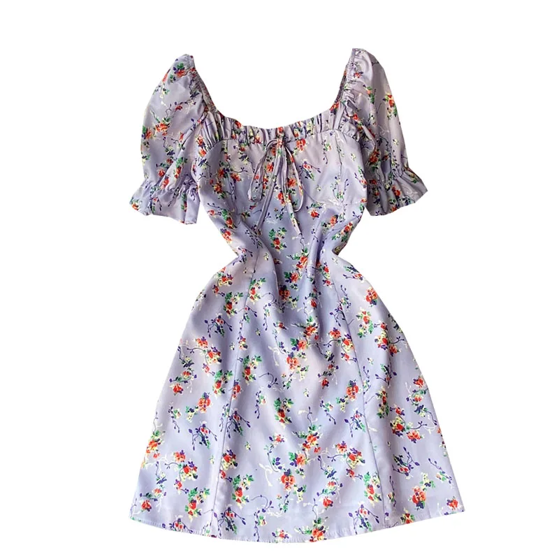 보라색 꽃 프린트 짧은 드레스 여성 여름 부드러운 빈티지 첫사랑 티 브레이크 민들레 드레스 스퀘어 칼라 a 라인 스커트
