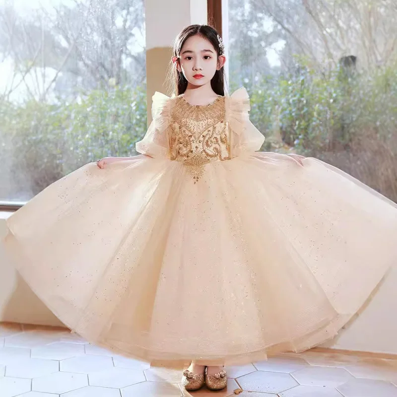 

Детское вечернее платье с цветочным принтом для выступлений на фортепиано для маленьких девочек, пышное тюлевое платье принцессы на день рождения с бантом