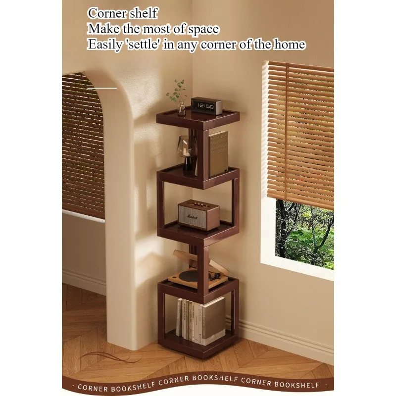 Rotating rack, floor to ceiling multi-layer bookshelf, storage triangle cabinet, living room, home corner against the wall