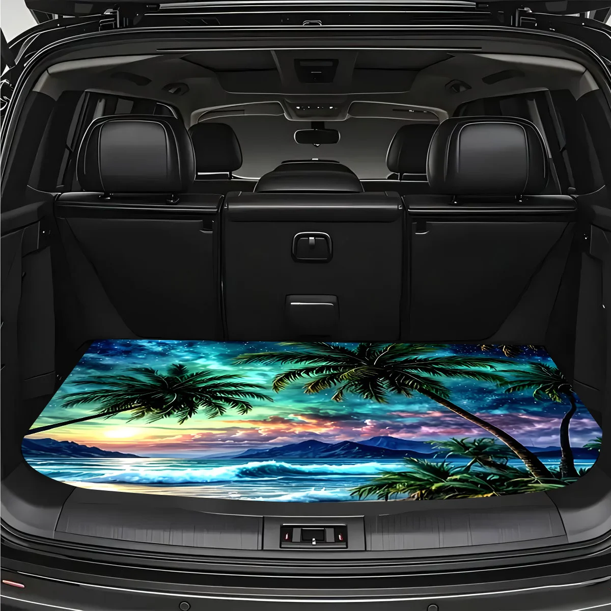 1pc Universal Car Trunk Mat Tropical Beach Scene with Palm Trees And Ocean Sunset Durable Anti-Slip Floor Protection for Car E