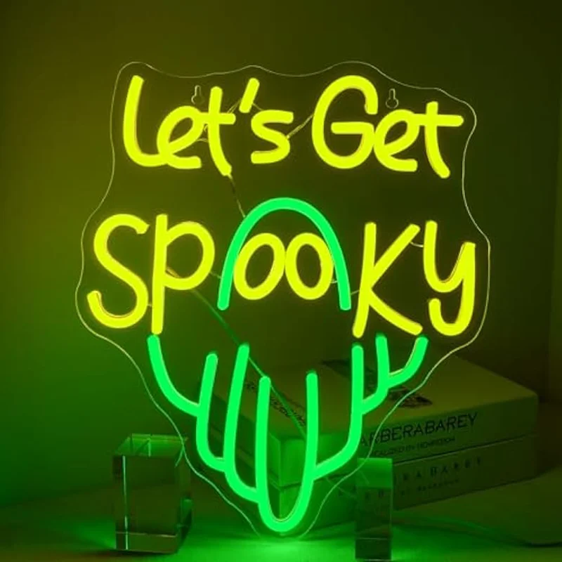 

Let's Get Spooky Неоновые огни Светодиодные неоновые вывески с регулируемой яркостью для декора стен Настенная вывеска с призраком для спальни, бара, вечеринки, Хэллоуина