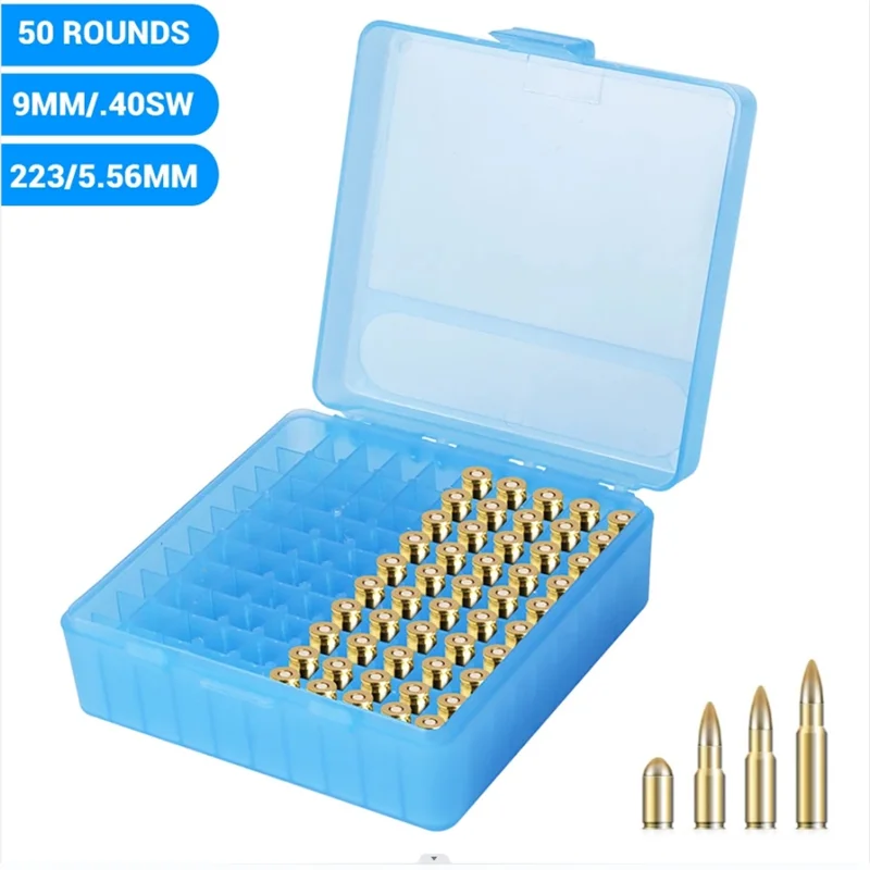 50/100 Rounds Tactical Bullet Box 9mm/.223/.38Super Pistol Rifle Ammo Carry Storage Box Flip-Top Bullets Case Hunting Accessory