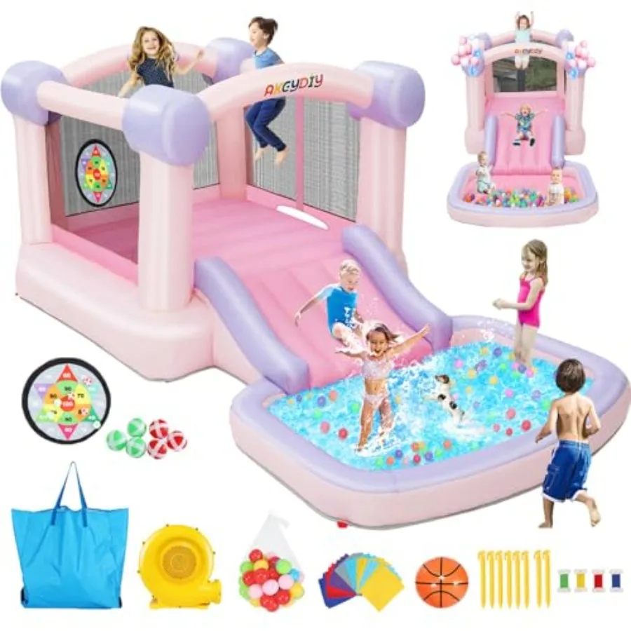 

Надувной батут Pastel Dream Bounce House для детей 3-10 лет, 161x82x63 дюйма, с горкой, бассейном с шариками, розовый, с воздуходувкой UL и 50 шариками.