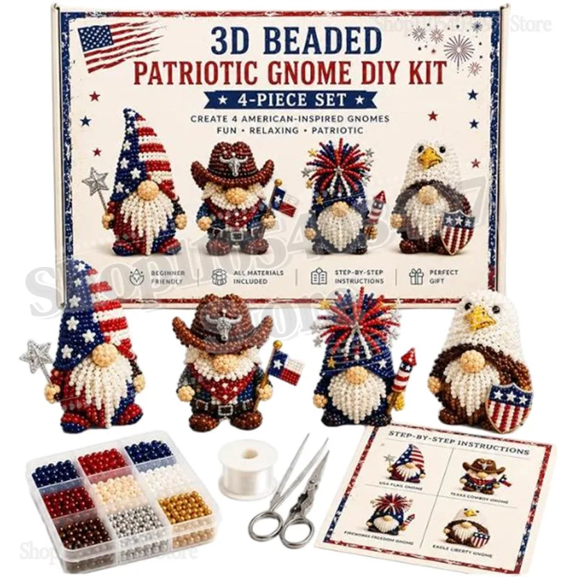 

3D Beaded Patriotic Gnome DIY Kit, 4-Piece Set American Flag Gnome Beading Craft, Independence Day Handmade Decor