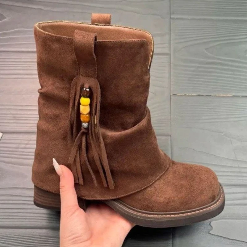 Women Ankle Boots Fringe Heeled Shoes 2025 Trend Chelsea Short Boots Winter Suede Pumps Chunky Warm Snow Boots Mujer De Zapatos