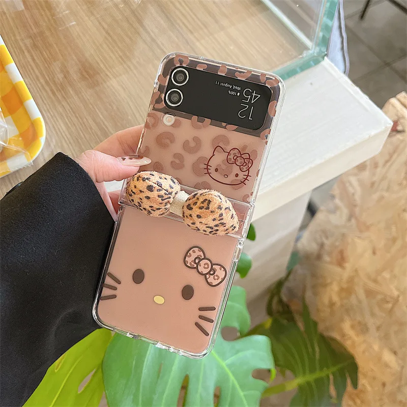 Funda de teléfono plegable con lazo 3D y estampado de leopardo de Hello Kitty para Samsung Galaxy Z Flip 7 6 5 4 3 FE con cubierta a prueba de golpes con cadena