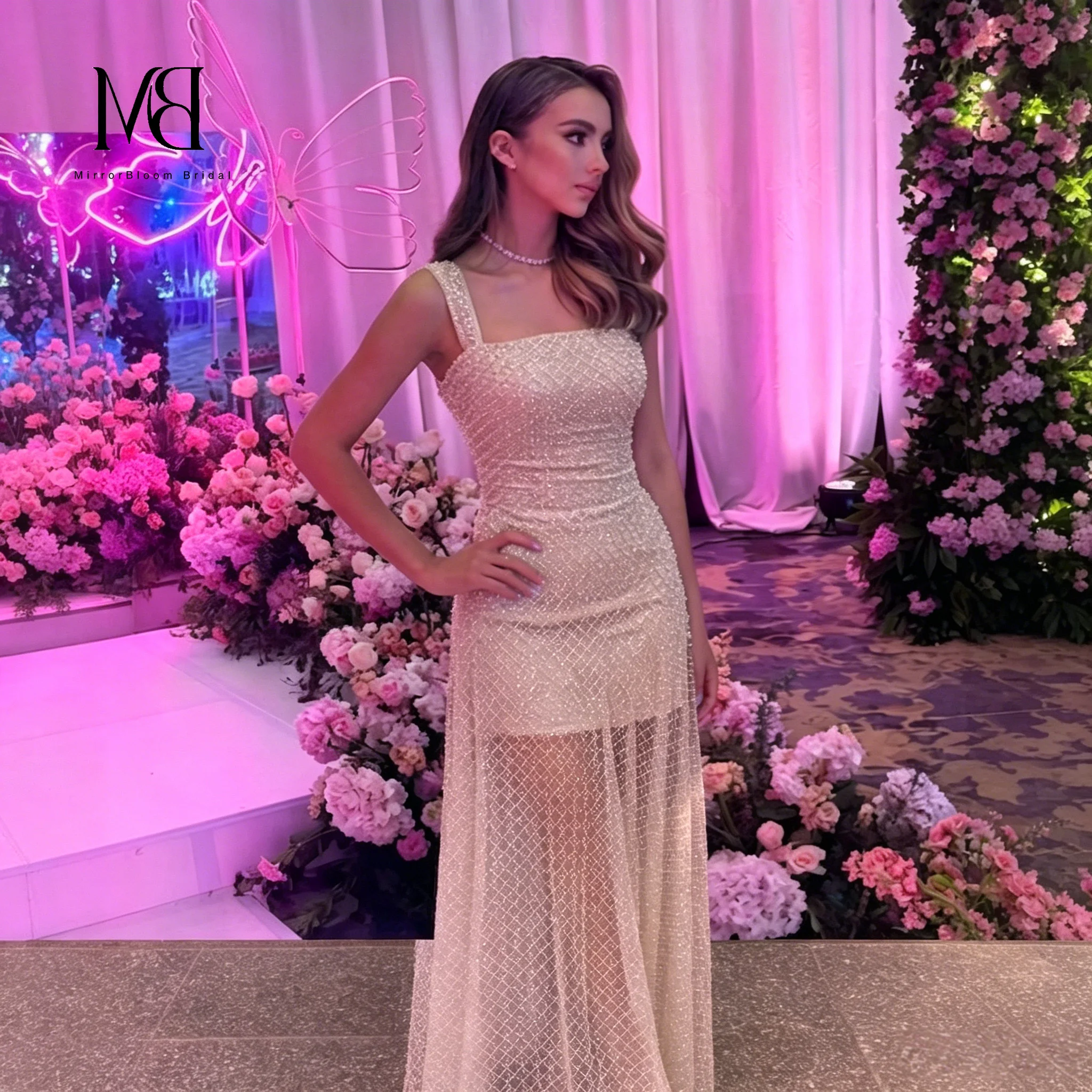 

Elegantly Custom-Made Pink Chiffon Strapless Sleeveless Floor-Length Evening Gown with Beaded Lace Design — Dinner Dress