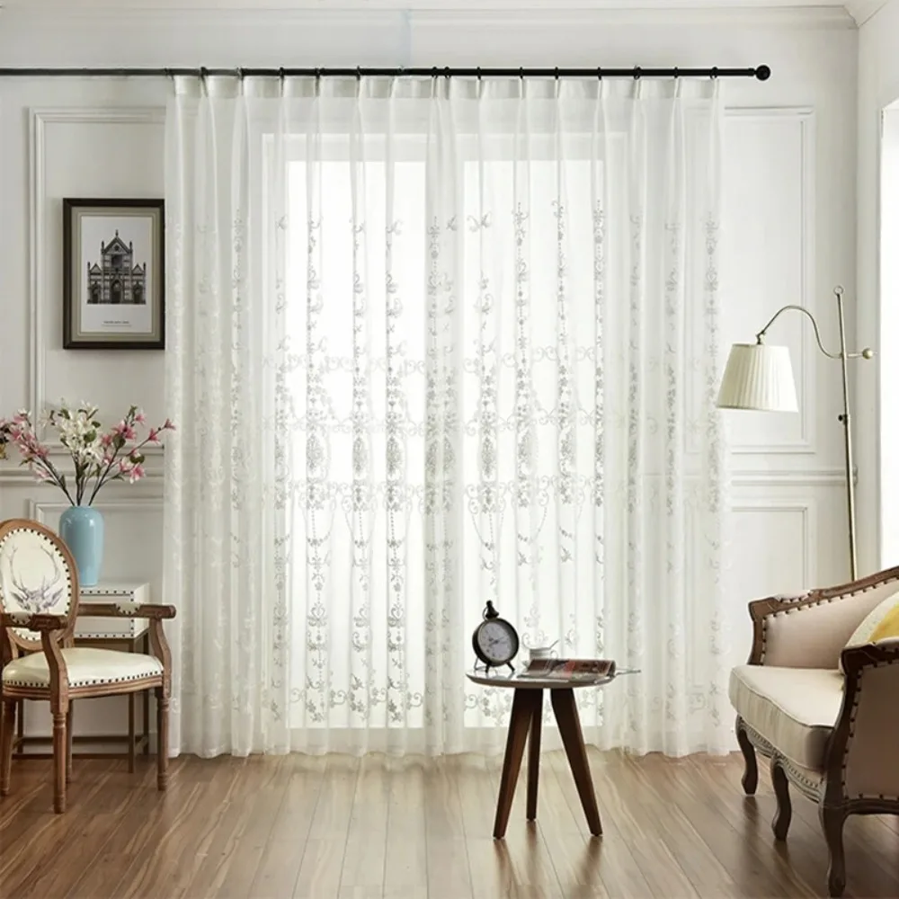 Embroidered White Tulle Curtains For Living Room Luxury Hall European Lace Voile Sheer Curtains For Window Bedroom Girl Drapes