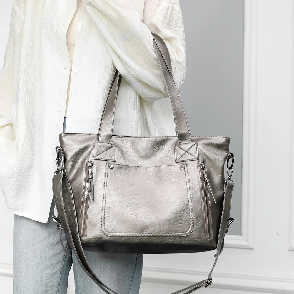 Large Capacity PU Leather Shoulder Bags Solid Classic Elegant Casual Totes Designer Vintage Handbags Simple Female Packages