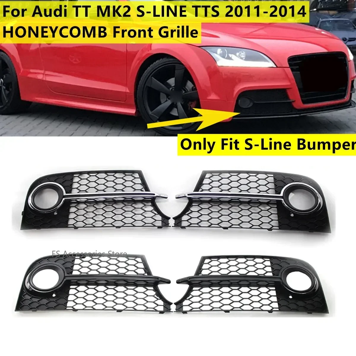 

Pair Car Front Fog Light Grill Cover For Audi TT MK2 S-Line TTS 2011-2014 8J0807681KT94 8J0807682KT94 HEX Front Grille Grill