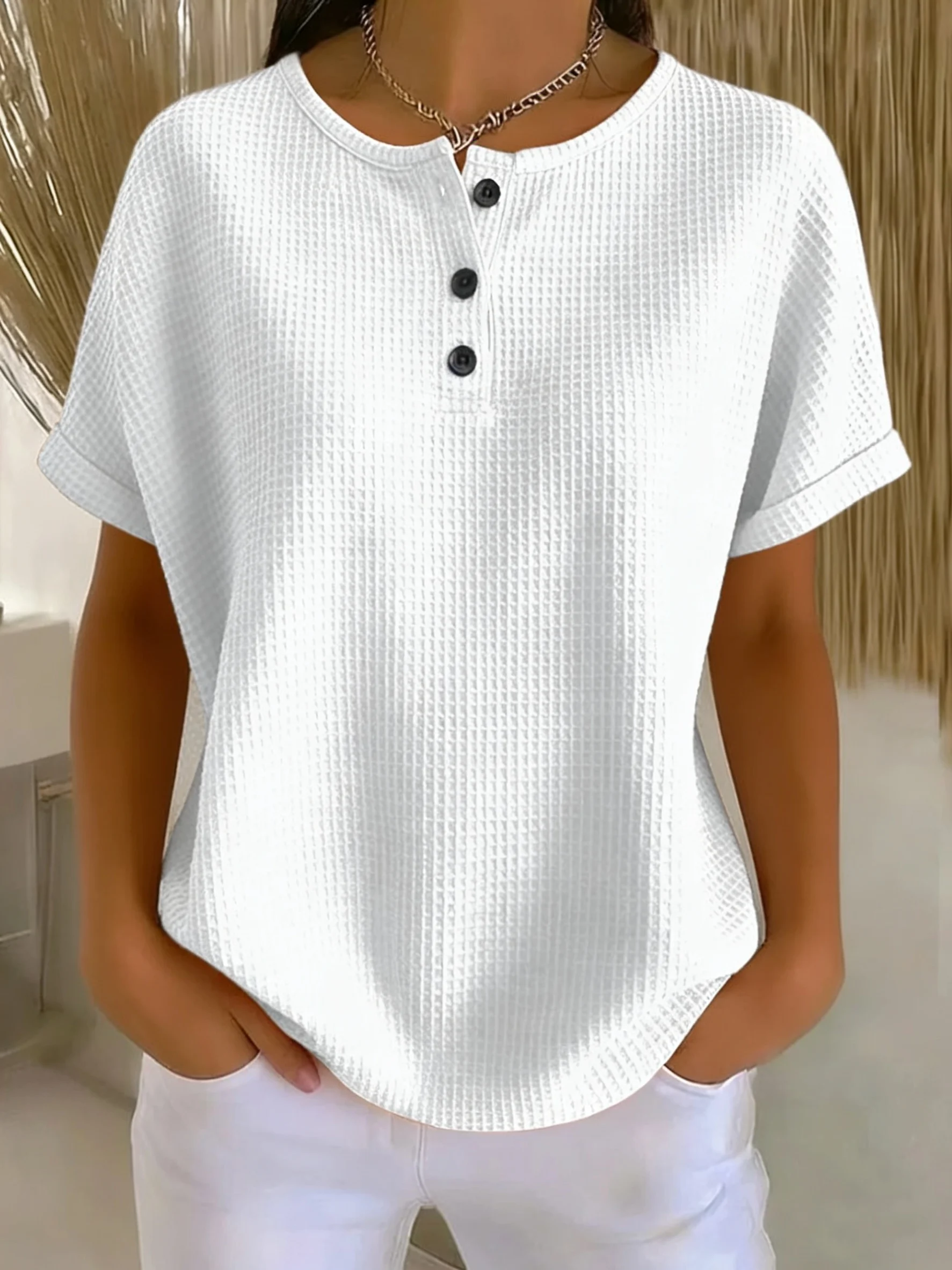 Plus Size Women Waffle Knit Top, Solid Color Round Neck Short Sleeve Roll Cuff Tee, Button Decor Loose Casual Summer