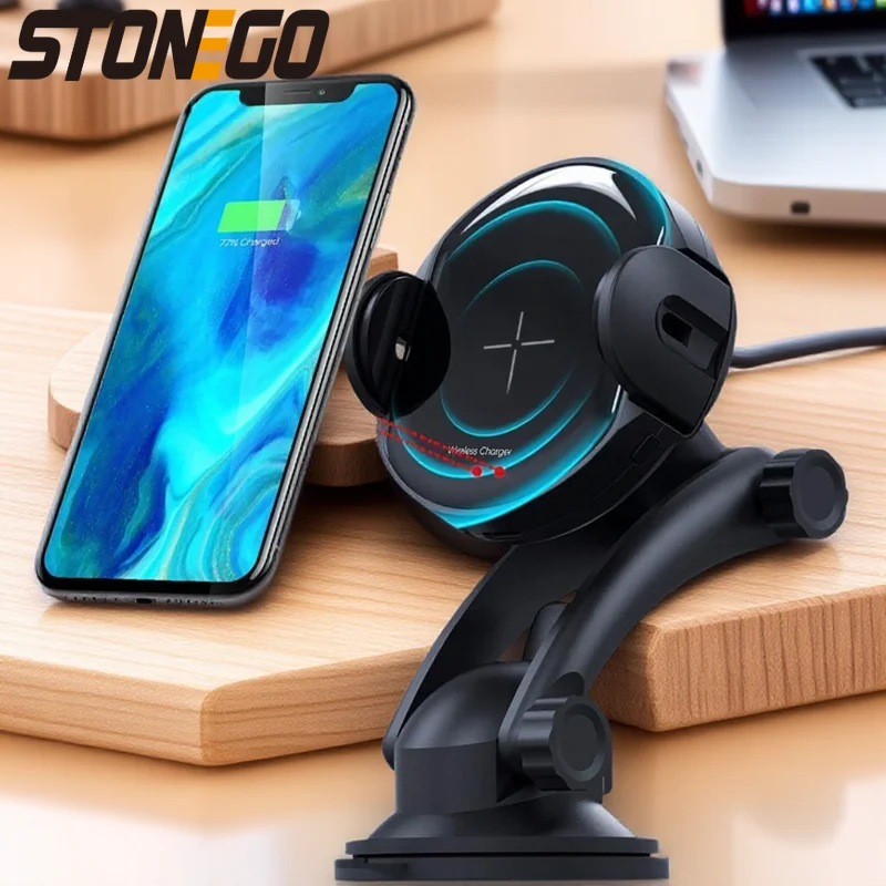 شاحن سيارة لاسلكي سريع Qi بقدرة 10 وات لهواتف iPhone وSamsung وAndroid QC 2 0 3 0 حامل تنفيس لوحة القيادة الآمنة