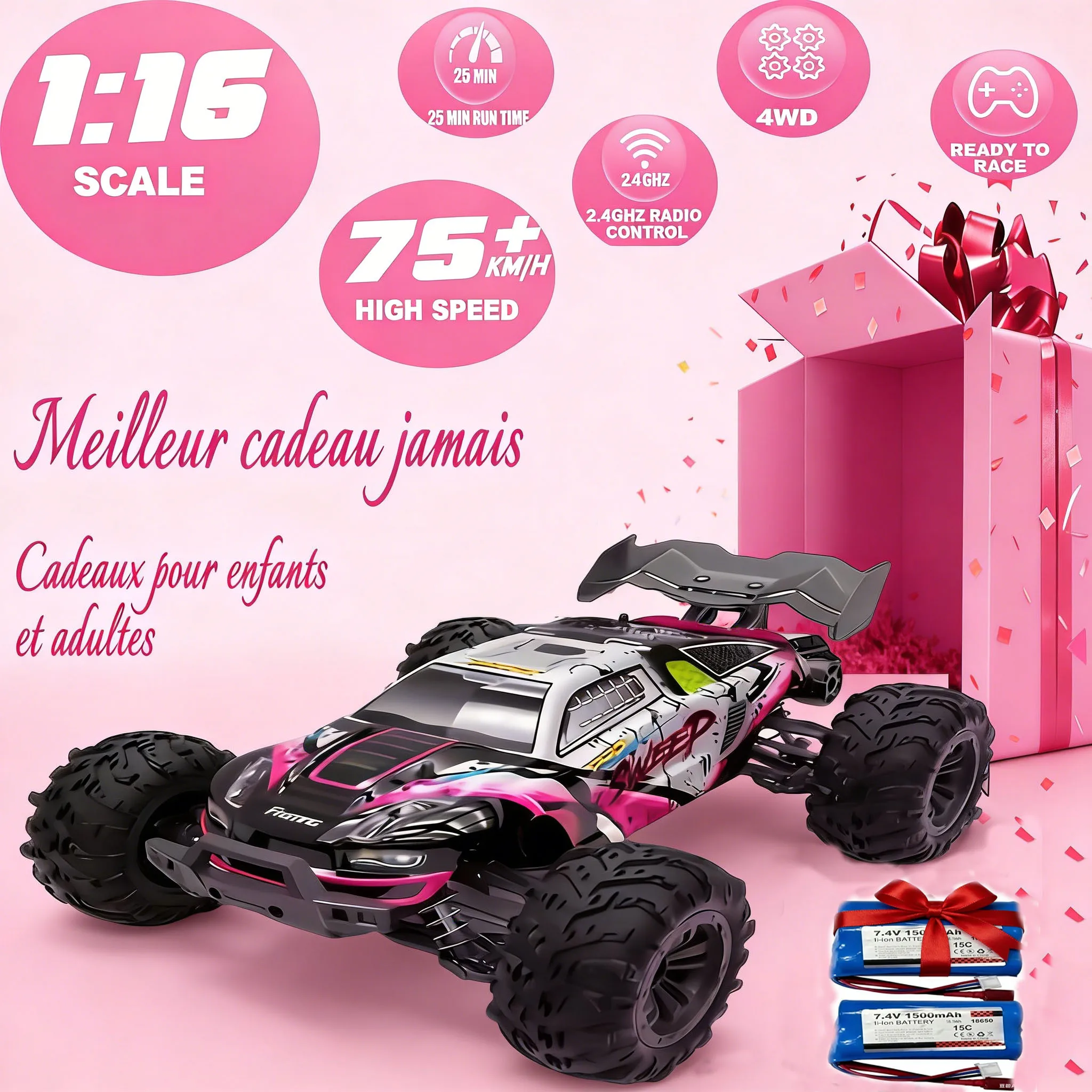 WLtoys Voiture RC Brushless 1:16 4x4 75+km/h 2.4GHz Tout-Terrain, Monster Truck Télécommandé RC Kart pour Enfants et Adultes