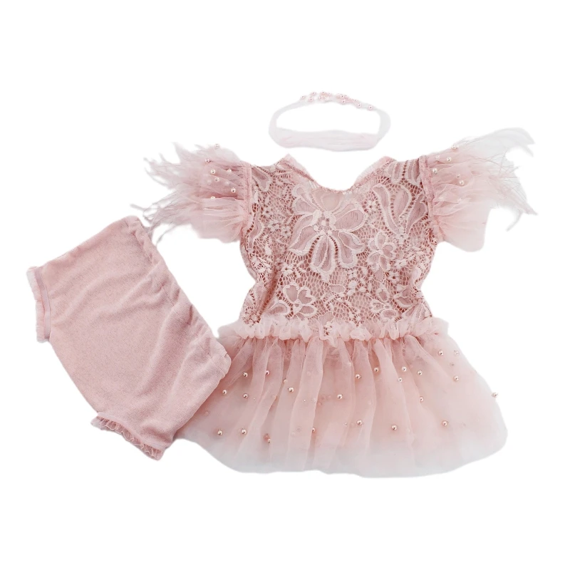 3Pc/Set 0-3 Month Baby Girls Feather Lace Skirts Beaded Headband Short Pant Newborn Photography Clothes Prop Pink Princess Dress