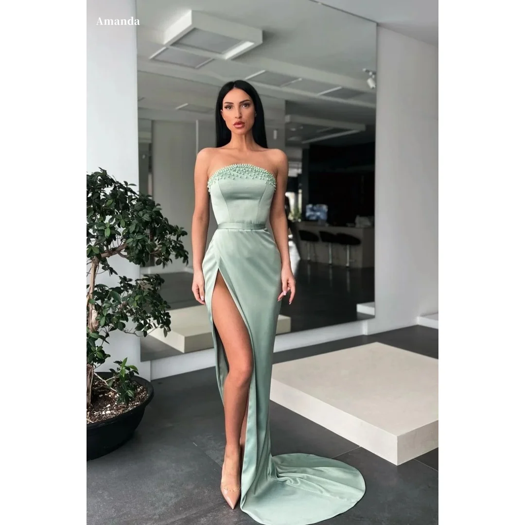 

Amanda Customized Green Pearls Strapless Backless Prom Dress Sleeveless vestidos de noche Floor-Length Side Slit Formal Evening