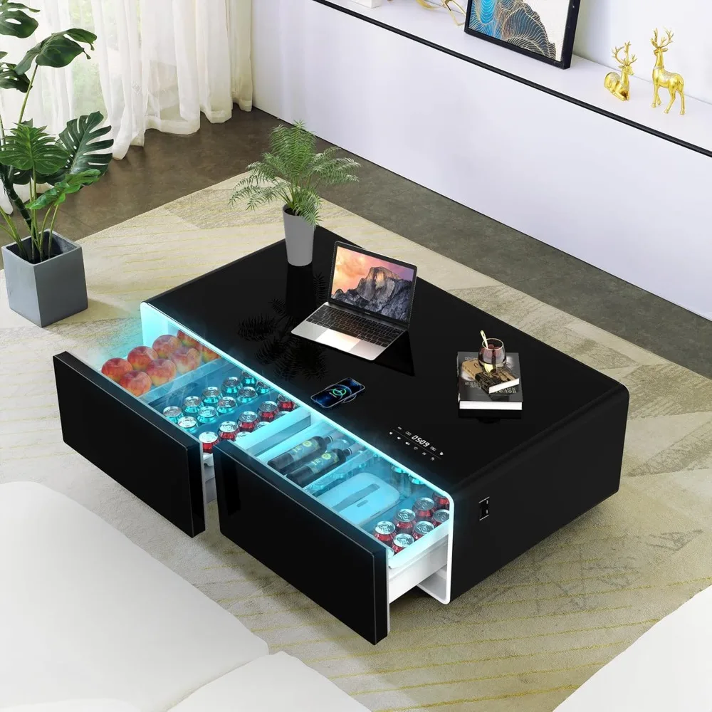 Smart Coffee Table with Built in Fridge, Living Room Table Bluetooth Sound and Wireless Charging, Type-C & USB Interface