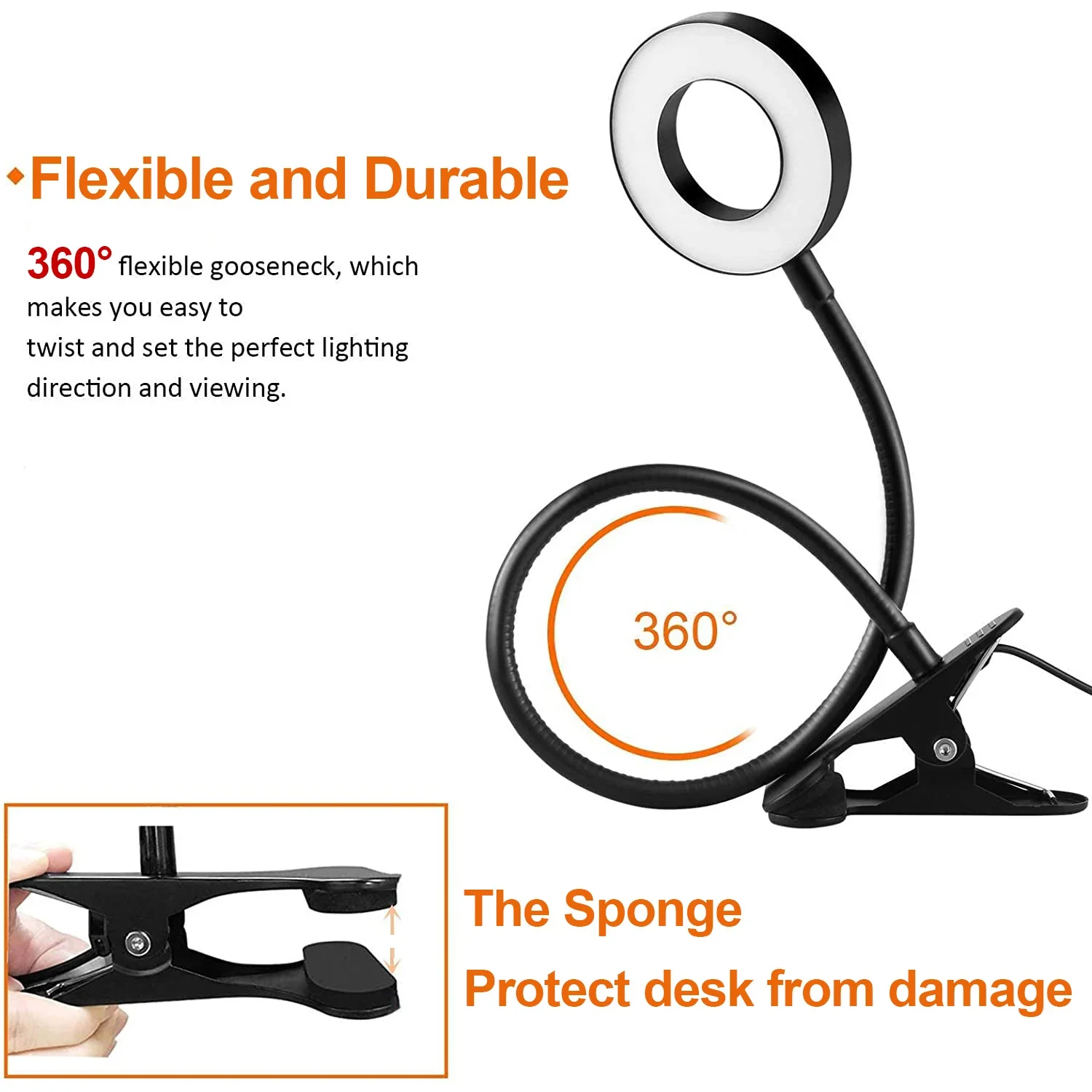48 LEDs Clip on Desk Lamp 360°Flexible Gooseneck Reading Table Light Eye-Caring USB Clamp Books Night Light Study Read Light view 5