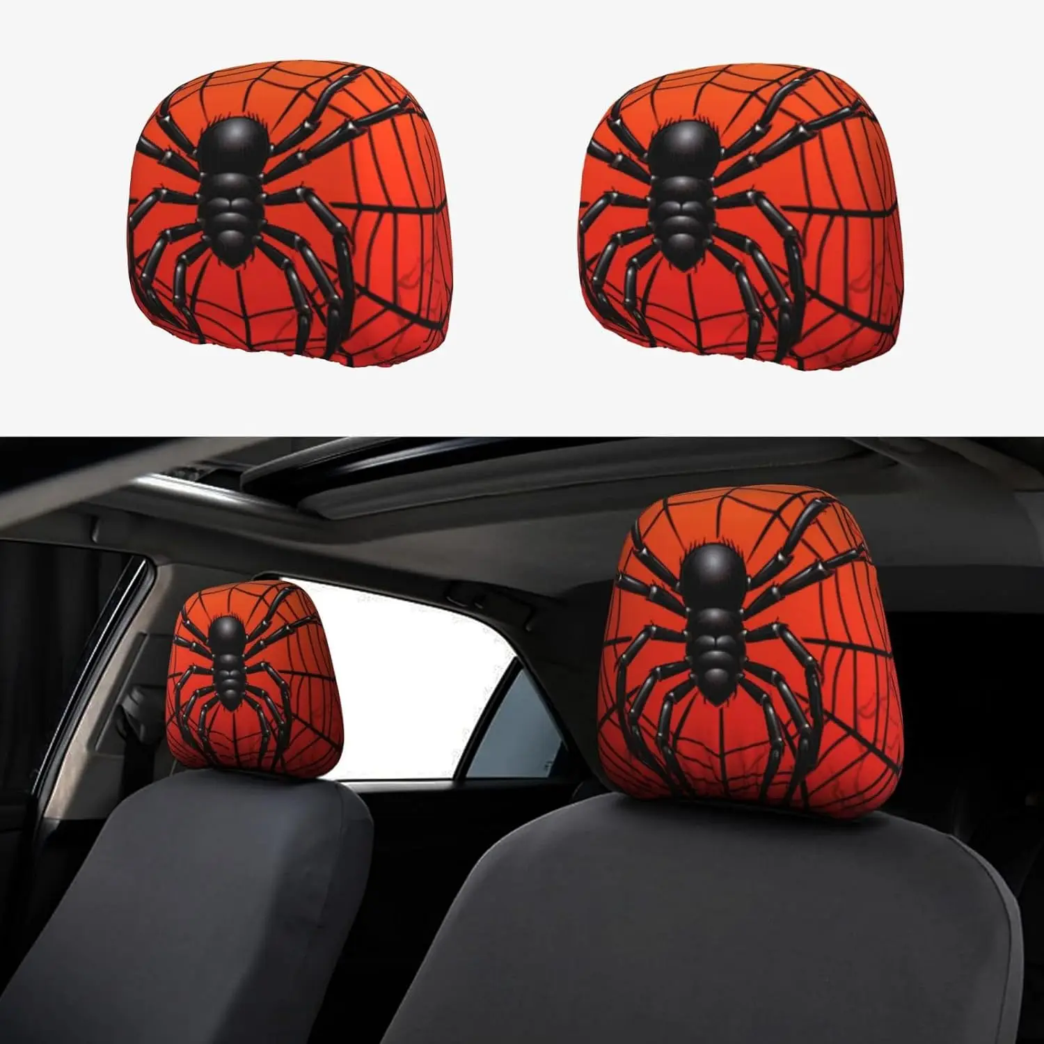 Spider Headrest Covers 2pcs, Elastic Snug Fit, Car Atmosphere Headrest Covers