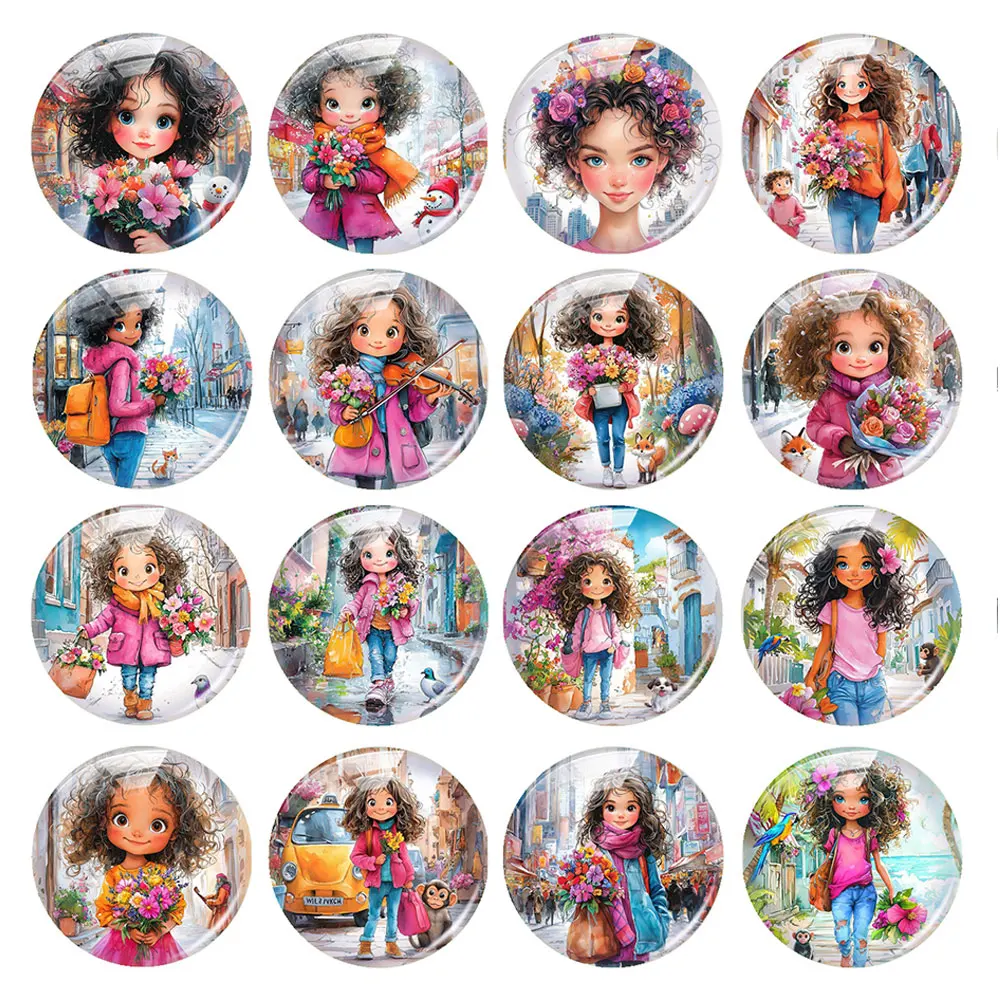 Random Mixed Round/Oval/Square City Street Curly Hair Flower Girl Photo Glass Cabochon Flatback Demo Cameo Diy Jewelry Making