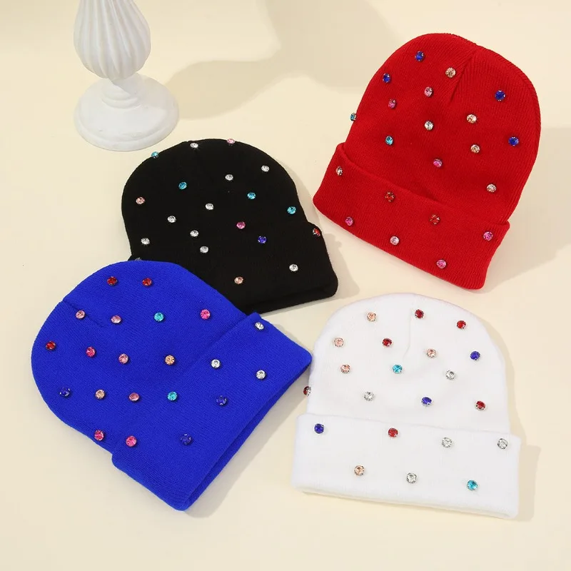 New Fashion Rhinestone Embellishment Cold Hat Autumn Winter Versatile Pullover Knitted Hat Punk Style With Diamond For Women Men