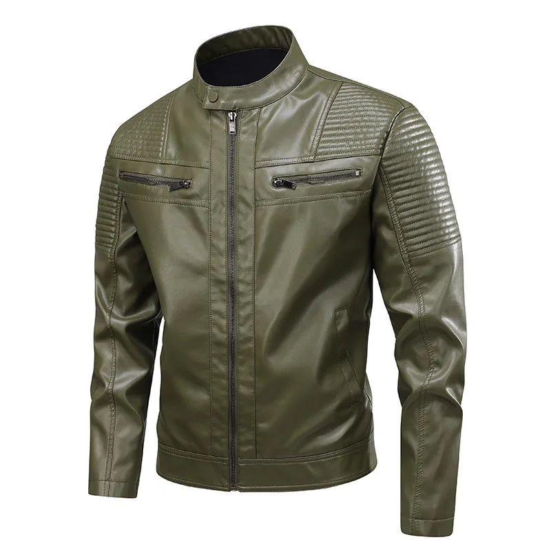 Men's PU Leather Jacket Trendy Autumn Stand-Up Collar Motorcycle Coat Stylish Men's Leather Outerwear