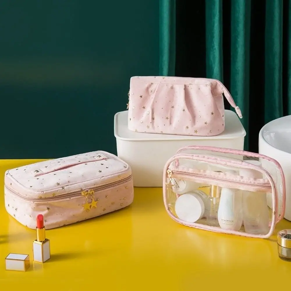 Large Capacity Travel Cosmetic Bag Velvet Material Bronzing Stars Cosmetic Storage Bag Cubic Shell Shape Makeup Case