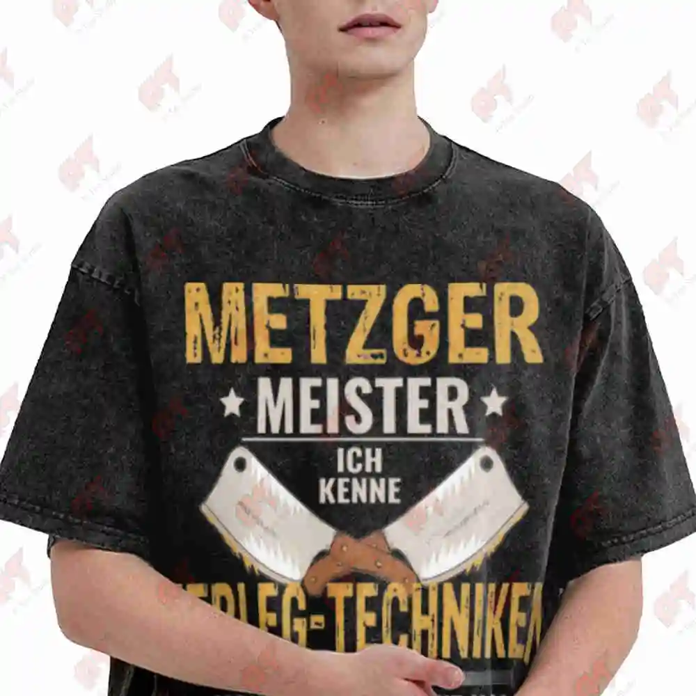 German Text Slogan Butcher Master Meat Cutting Vintage Washed Tee Pure Cotton T-Shirt