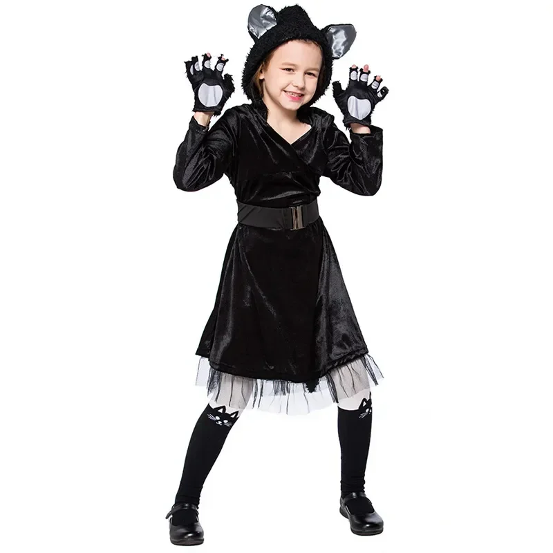 Kids Black Cat Hooded Dress Costumes For Girls Masquerade Party Costume