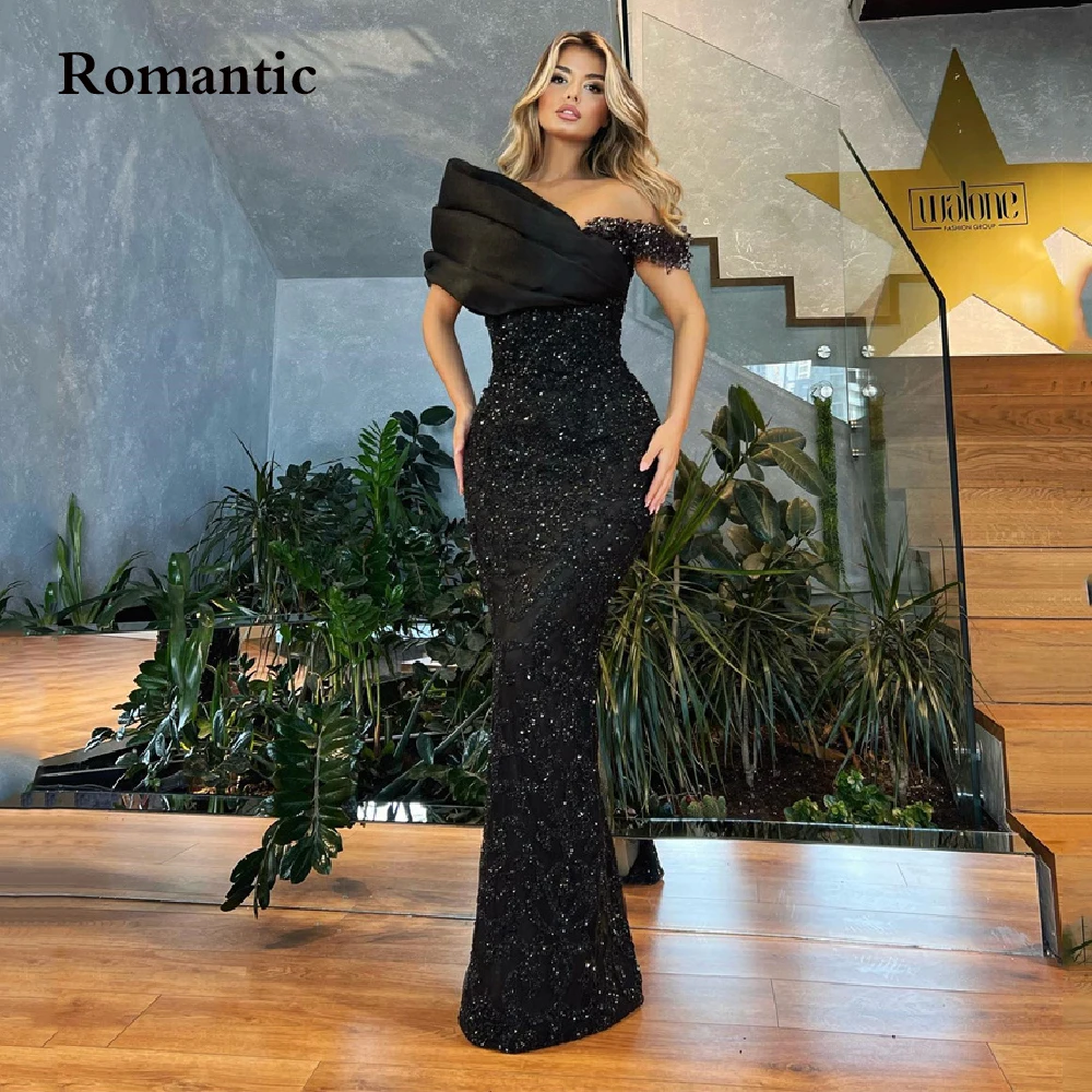 

Romantic Black Glitter A Line Evening Dress Off The Shoulder Saudi Arabia Floor Length Long Prom Party Gowns For Women Vestido