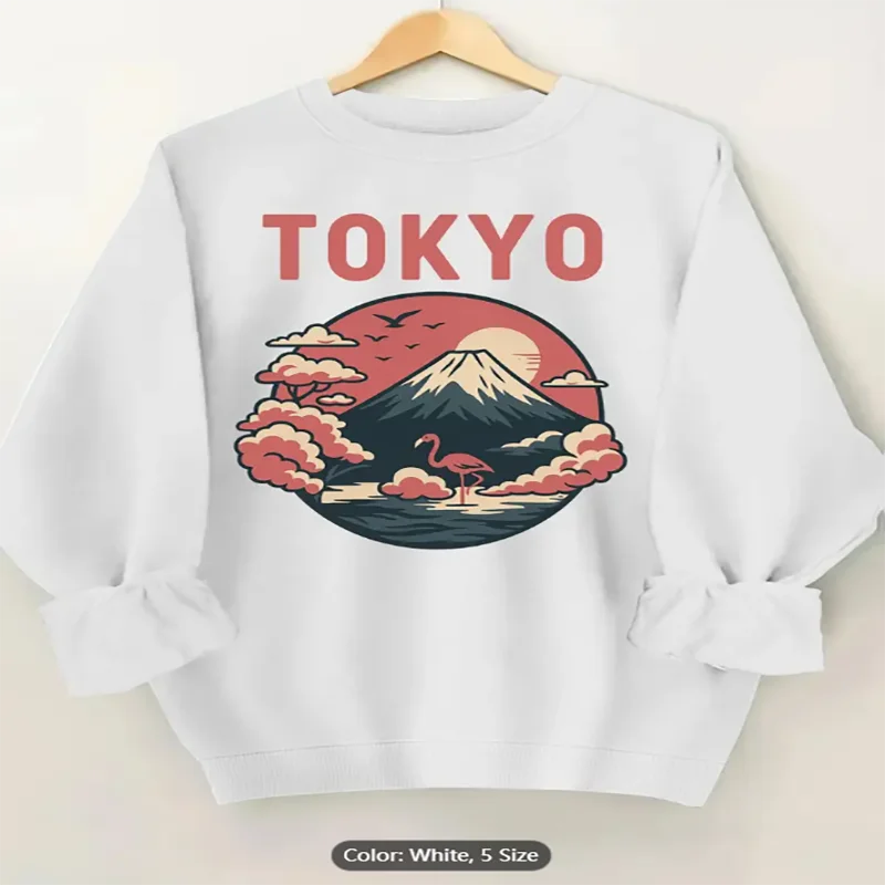 Felpa da donna color albicocca Tokyo Mount Fuji Flamingo con stampa grafica Pullover oversize casual per gli amanti dello stile da viaggio in cotone
