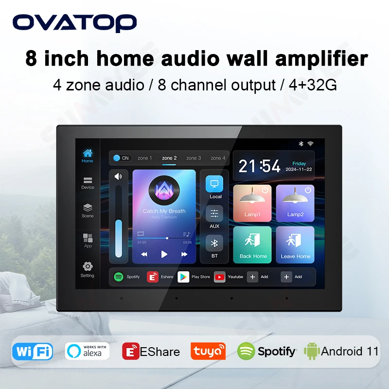 8inch Android 11 4+32G Background Music System Stereo Sound WIFI Eshare 4-Zone Touch Screen Bluetooth Audio In Wall Amplifier