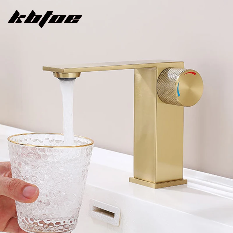 

Brushed Gold/Black Knob Temperature Control Bathroom Faucet Hot Cold Basin Faucet Stainless Steel Square Modern Sink Mixer Tap