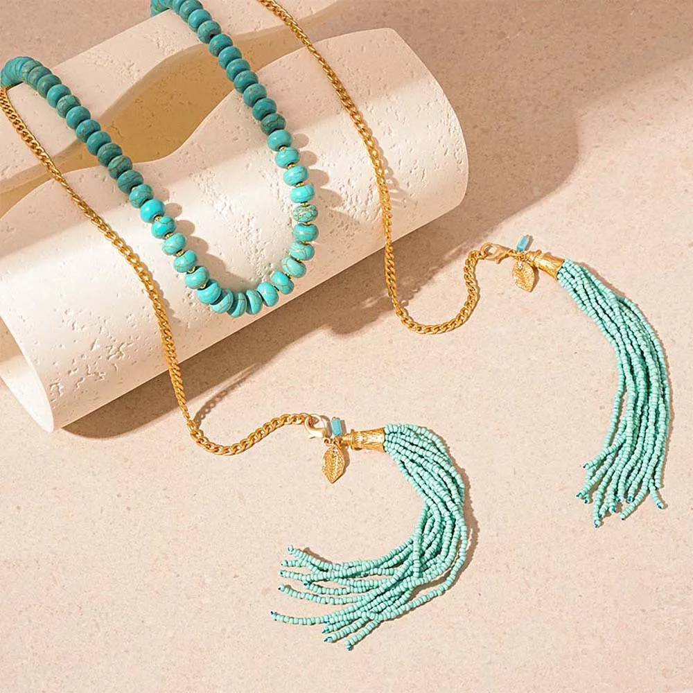 

Hanging Neck Long Turquoise Necklace Tassel Pendant Turquoise Bohemian Waist Chain Rice Beads Ethnic Style Sweater Chain