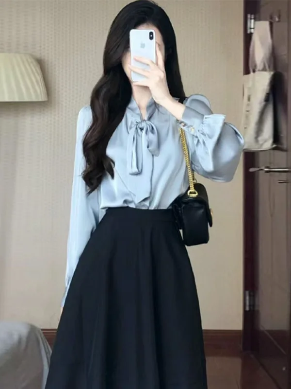 

White Sash Shirt Top Black Midi Skirt Commute Korean Style Set Long Sleeve V-Neck Two-Piece Spring 2025 Fashion Women's Ensemble