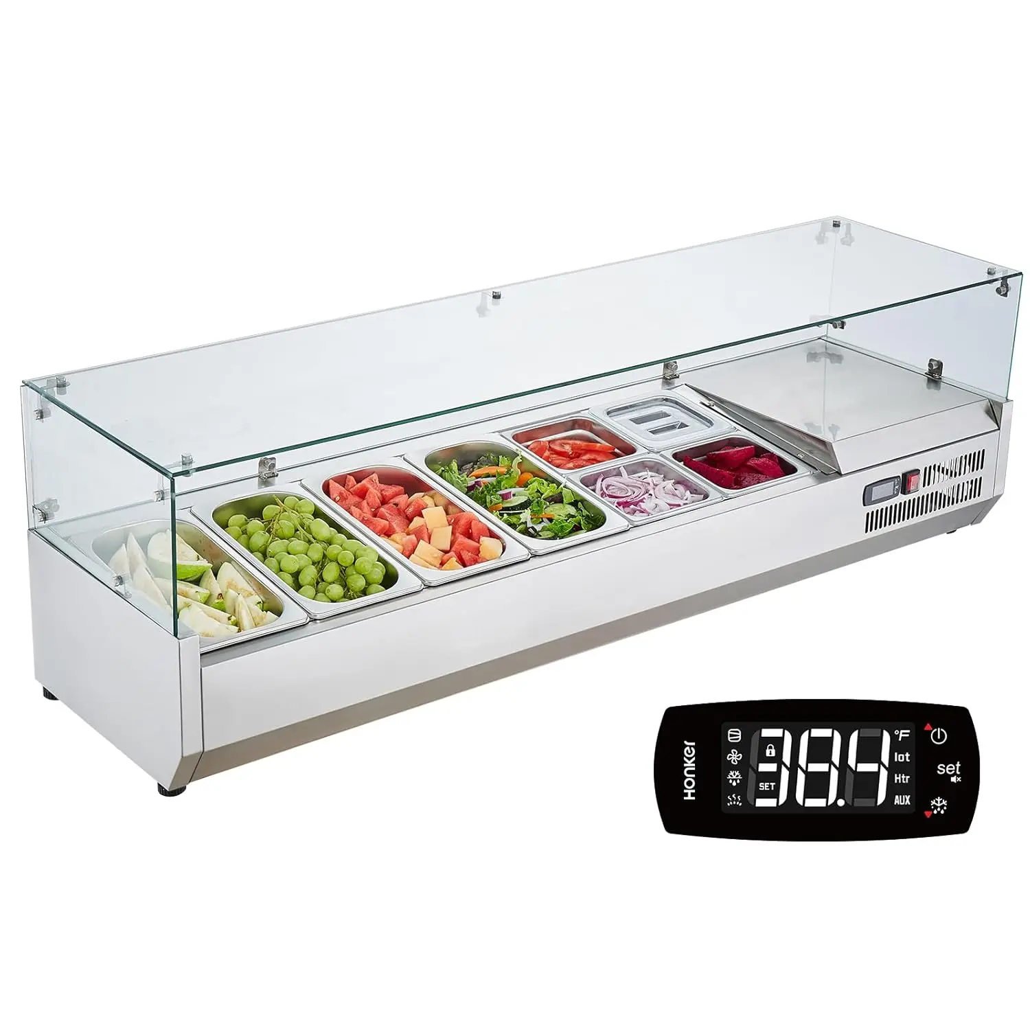 

Condiment Prep Rail Station, 150 W Countertop Refrigerated Condiment Station, with 4 1/3 4 1/6 Pans, 304 Stainless Body and PC L