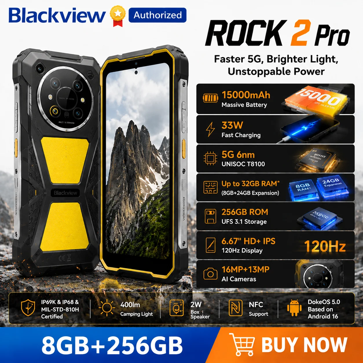 

Blackview ROCK 2 Pro Rugged Smartphone 15000mAh Battery 6.67" 2.4K IPS Display 120Hz 16MP Camera 8GB+256GB 4G Android 16 NFC