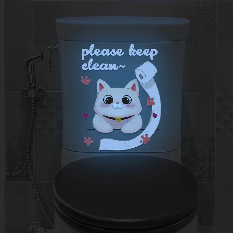 

1pcs Glow in Dark White Red Blue Cat Stickers Funny English Slogans Self-Adhesive Waterproof Luminous Bathroom Toilet Decoration