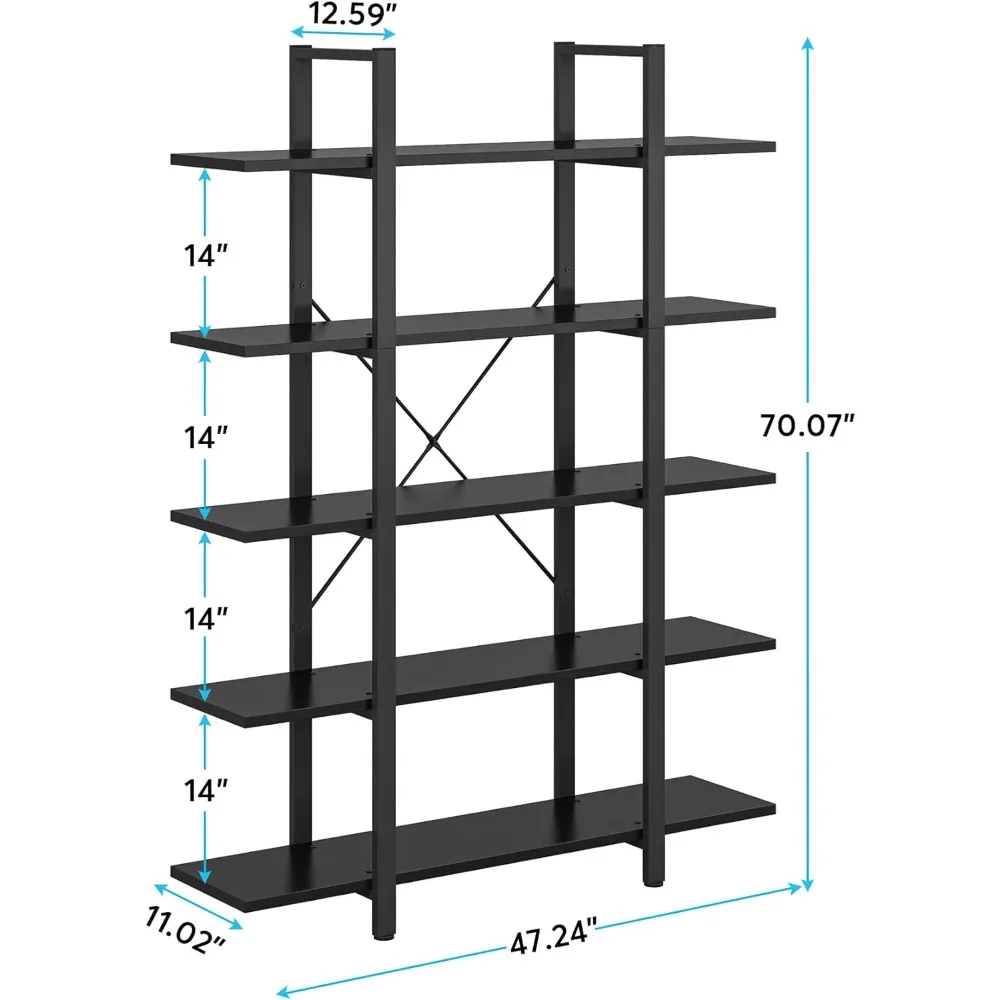 الأفضل - رف كتب من 5 طبقات، خزانة كتب على الطراز الصناعي العتيق 72 ارتفاع × 12 عرض × 47 لتر، أسود #3