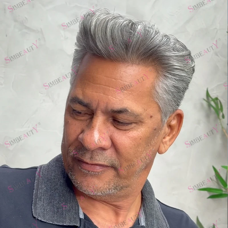 Super Durable Poly Skin Scalloped Natural Hairline Men's Human Hair Toupee for Old Men Grey Hair Prosthesis Hair Replacement Wig