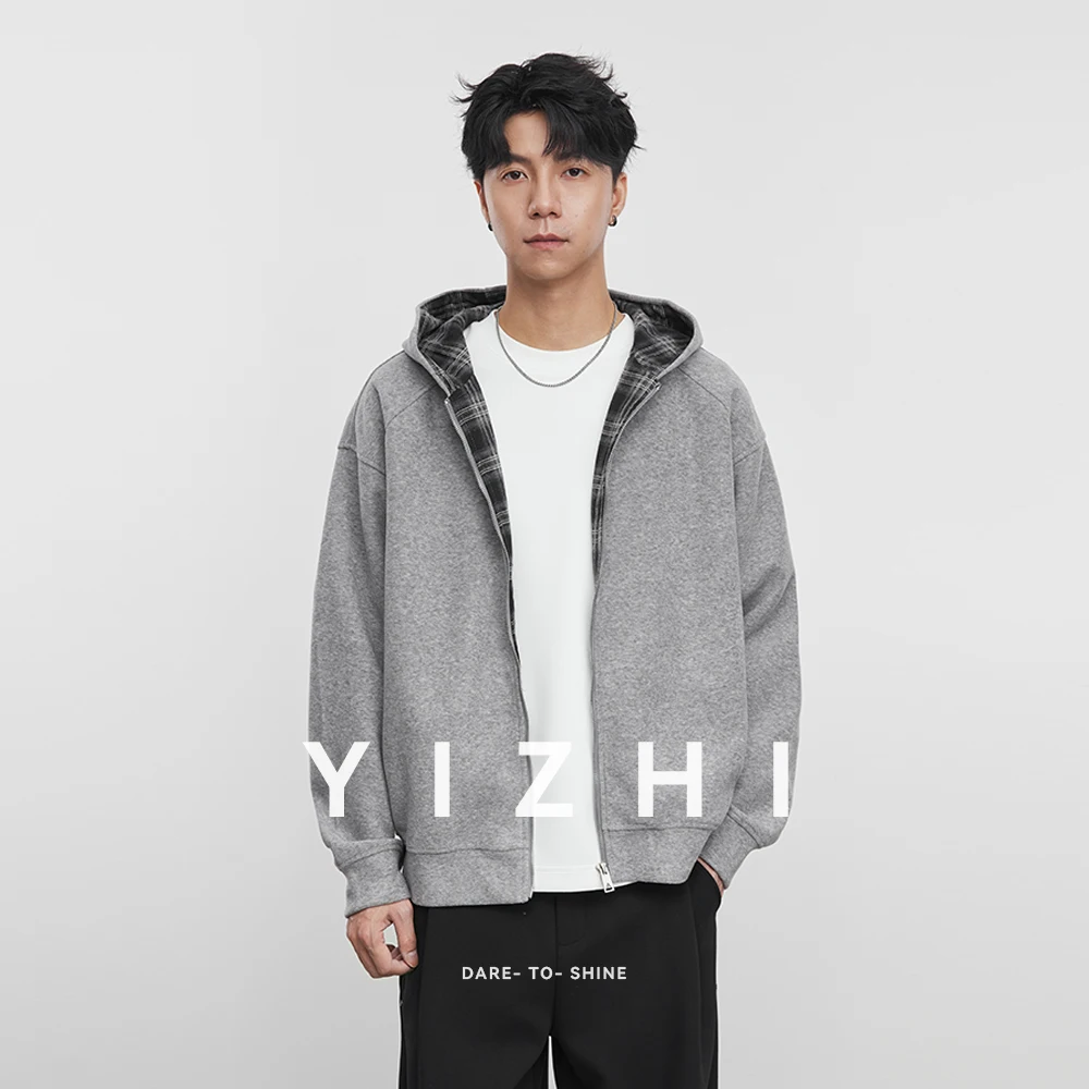 

Fashion Men's Plaid Splicing Sweatshirt Jacket Spring and Autumn New Hooded Cardigan All-match Korean Sports Top Men's Jacket