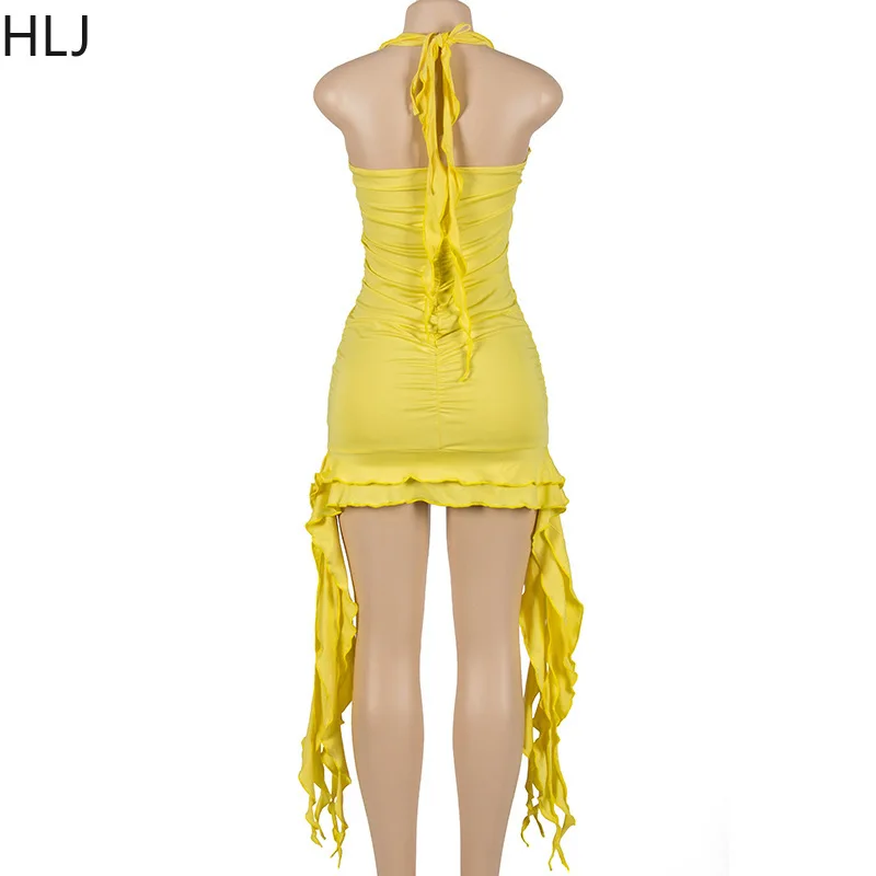 HLJ Sexy Ruffle Y2K Mini Dress For Women Halter Neck Backless Fringed Ruched Cocktail Summer Party Tassels Short Dresses