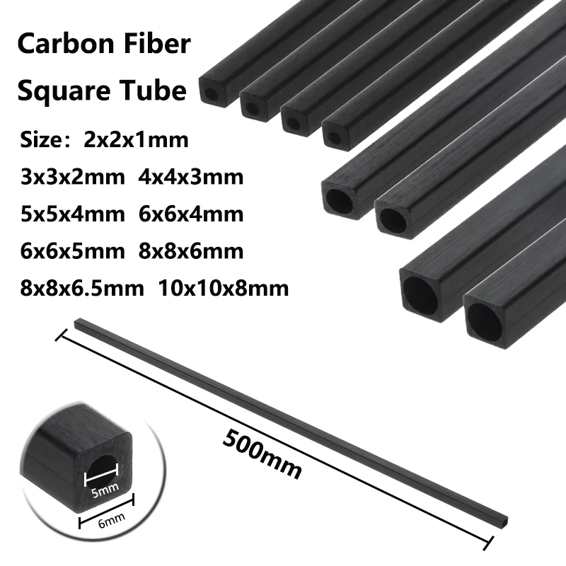 1-3pcs Length X 500mm Carbon Fiber Square Tube 2x2x1mm 3x3x2mm 4x4x3mm 5x5x4mm 6x6x4mm 6x6x5mm 8x8x6mm 8x8x6.5mm 10x10x8mm