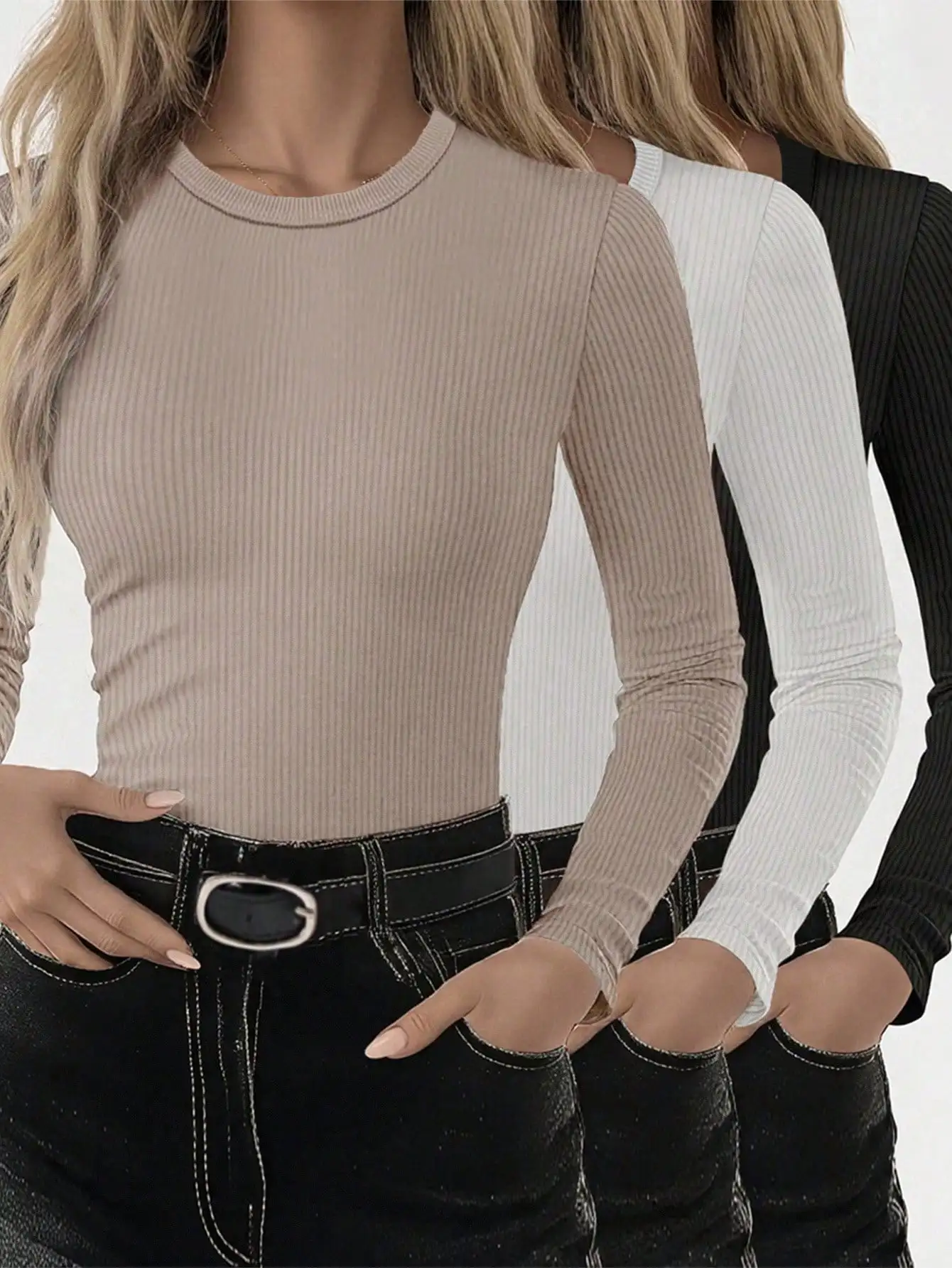 

3-Pack Women's Ribbed Long Sleeve Slim Fit Tops in Neutral Colors