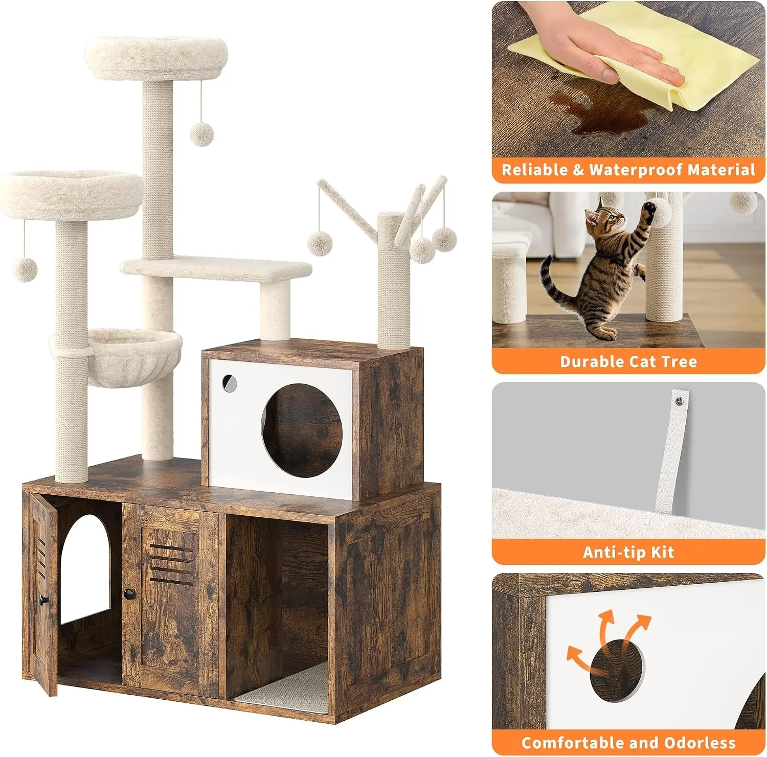 Cat Tower with Litter Box Enclosure, 2-in-1 Modern Cat Tree, 55.1-Inch Cat Condo with Scratching Posts, Hidden Litter Cabinet, Hammock & Perches, Engineered Wood, Indoor Use