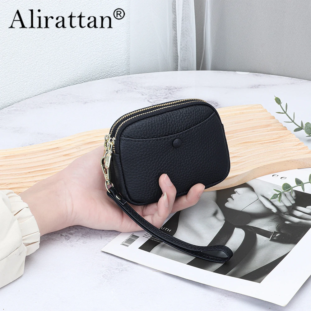 

Alirattan 2024 New Cowhide Mini Coin Purse Women's Leather Large Capacity Double Zipper Storage Multifunctional Hand-Held Bag