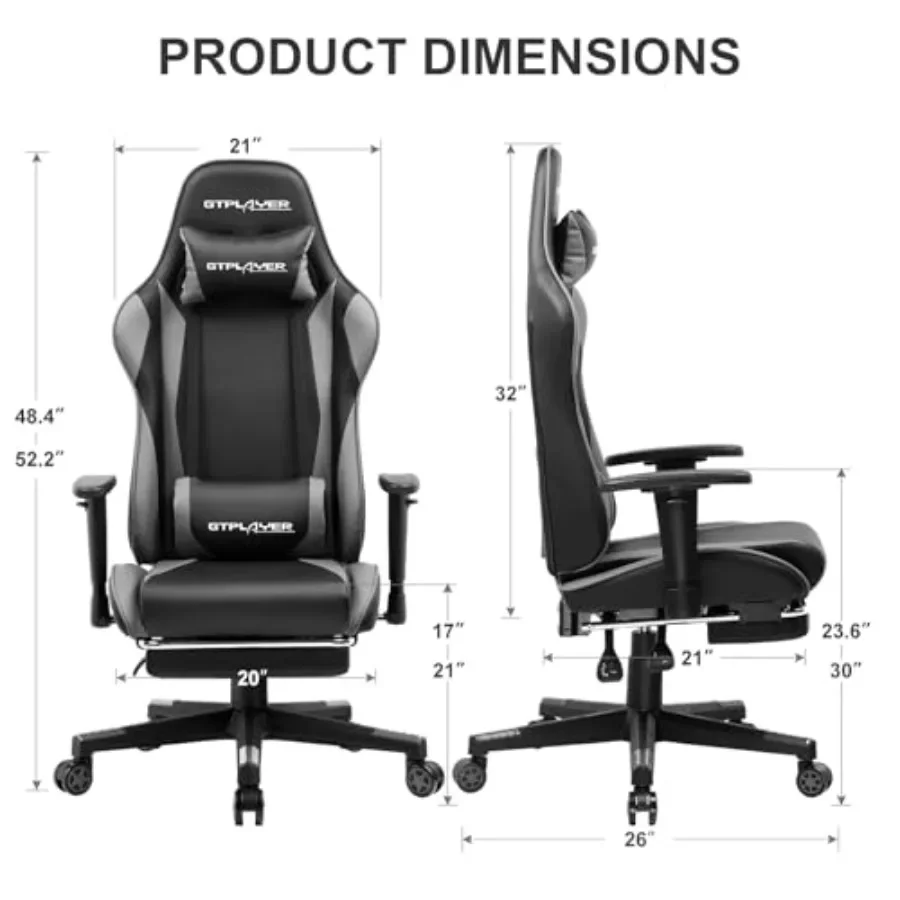 Gaming Chair with Footrest for Home Office Use, PU Leather Gray Ergonomic Chair with Adjustable Height, Reclining Swivel Rocker