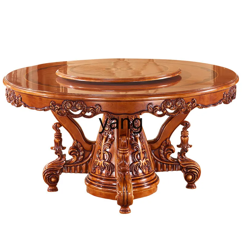 

LMM marble round table, solid wood carving flower red brown dining table painted gold rotating round table